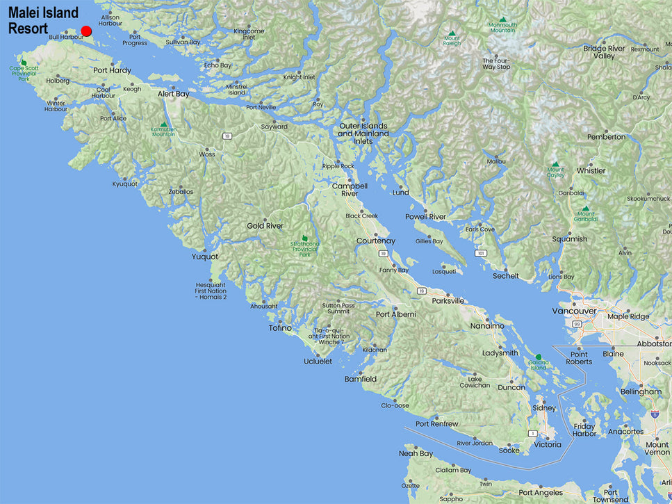 location of malei island resort on a map top of Vancouver island