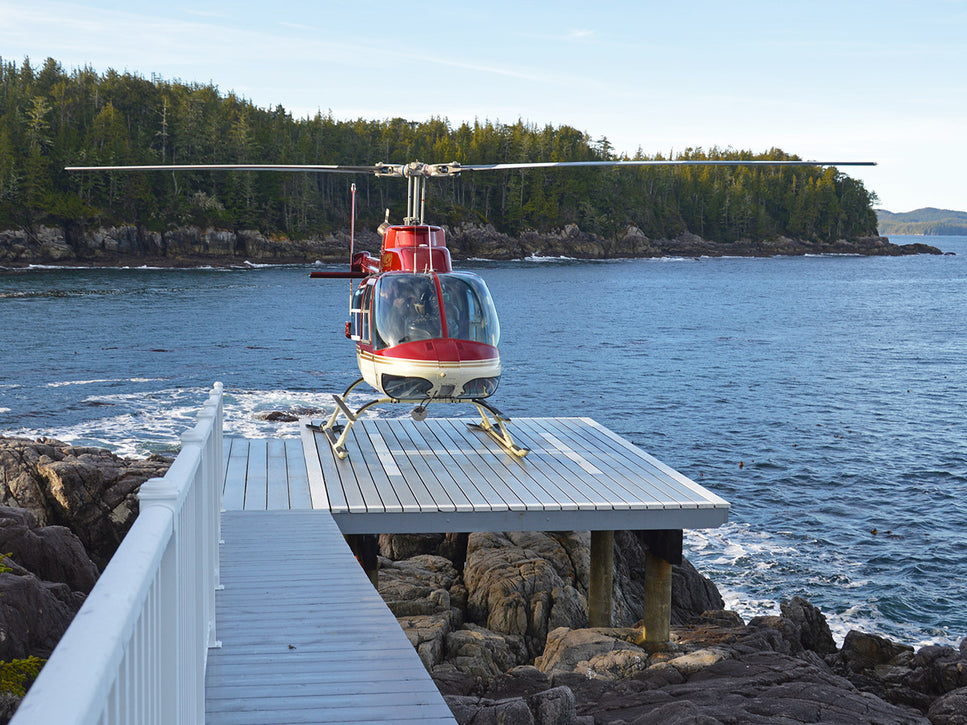 red helicopter on malei islands pad near vancouver island